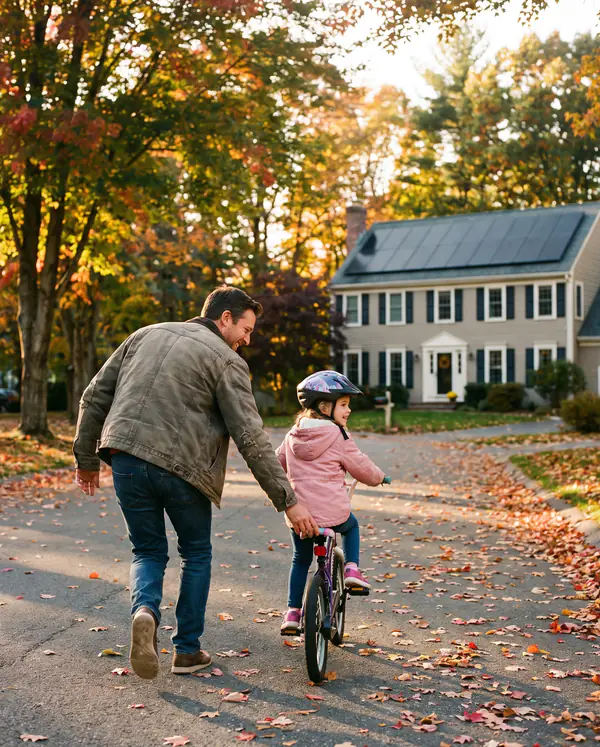 Father letting go of his daughter's bike seat as she rides down a leaf-covered Connecticut street in autumn, past a colonial home with rooftop solar panels