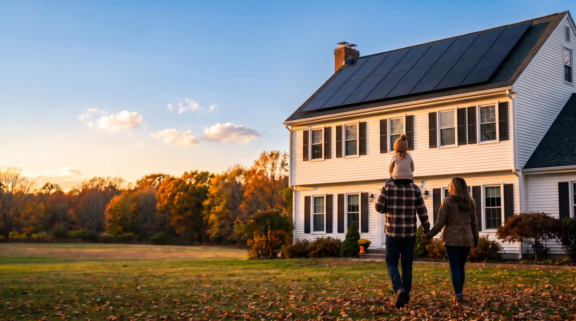 A young family, the father carrying their child on his shoulders, walks across an autumn lawn toward their white Connecticut colonial home with all-black rooftop solar panels on a sunny afternoon