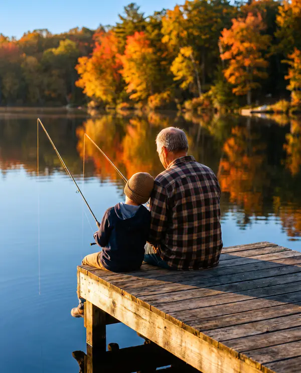 Grandfather and grandson fishing from a dock on a Connecticut lake on a sunny autumn morning