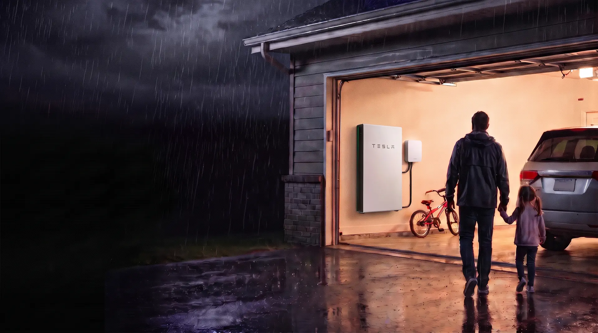 A father and daughter walk out of the rain into their warmly lit garage, where a Tesla Powerwall 3 home battery is mounted on the wall