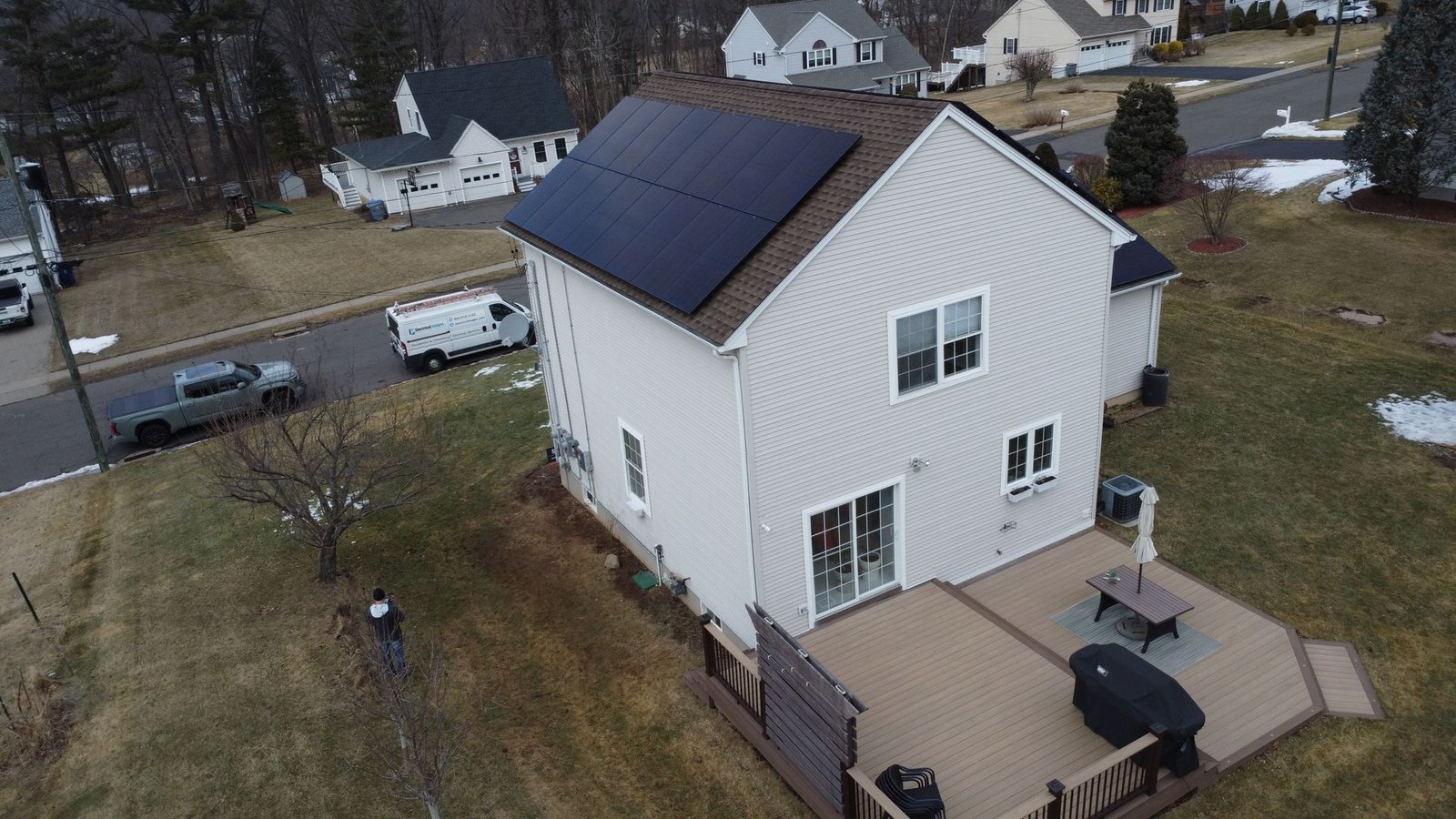 Aerial drone view of SunPol Solar panel installation on a Connecticut residential roof