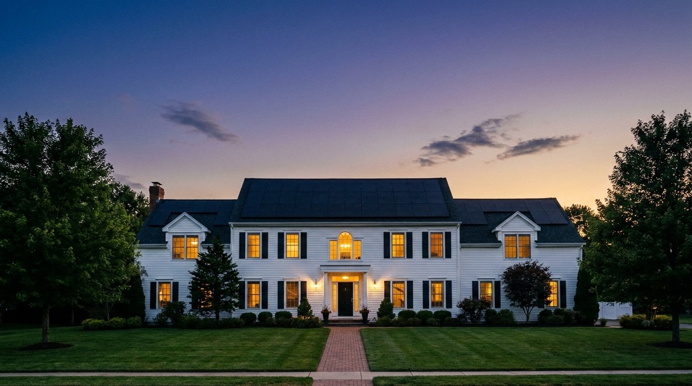 Beautiful Connecticut colonial home with sleek all-black solar panels at golden hour